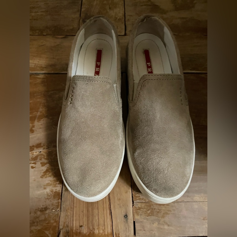 Prada Taupe Suede Slip-On Sneakers